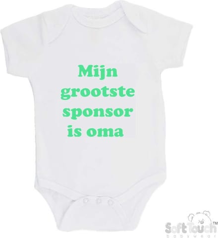 100% katoenen Romper "Mijn grootste sponsor is oma" Unisex Katoen Wit/mint Maat 56/62