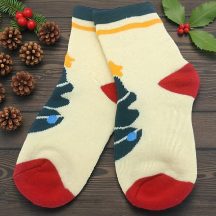 Kinderkerstsokken met kerstboom – Lichtgeel – Maat 33–38