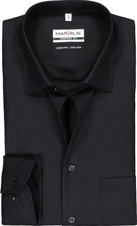MARVELIS comfort fit overhemd - zwart - Strijkvrij - Boordmaat: 47