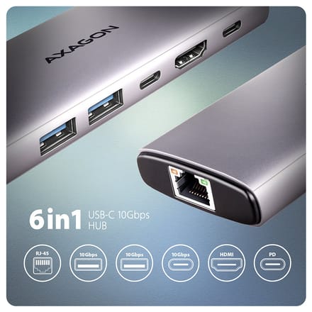 Axagon HMC-6G2L laptop dock & poortreplicator Bedraad USB 3.2 Gen 2 (3.1 Gen 2) Type-C Aluminium