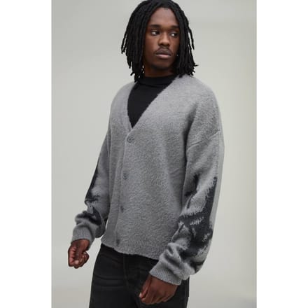 Lang Relaxed Boxy Geborsteld Sterren Gebreid Vest | Grey | Size Small
