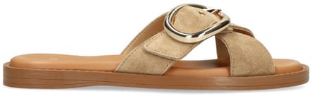 Manfield - Dames - Beige suède slippers met gouden gesp - Maat 39