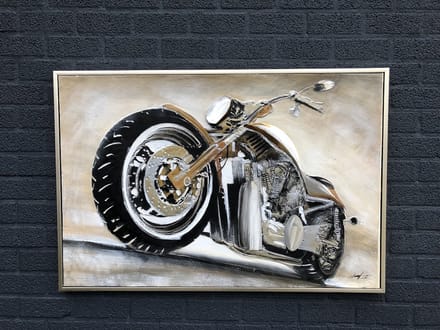 Prachtig Groot Olieverf doek met 3D Motor in mooie kleurstelling in alu lijst!