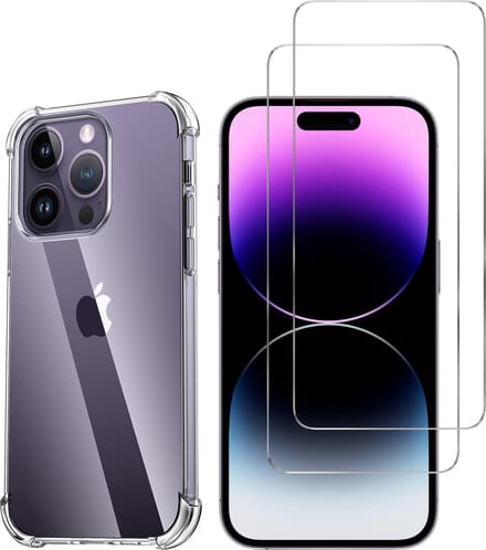 Hoesje voor iPhone 15 Pro backcover Shockproof siliconen Transparant en 2 stuks Screenprotector Gehard Glas