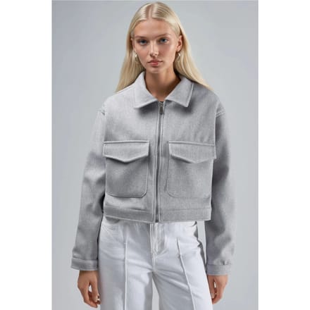 Crop Gabardine Jacket met Rits en Zak