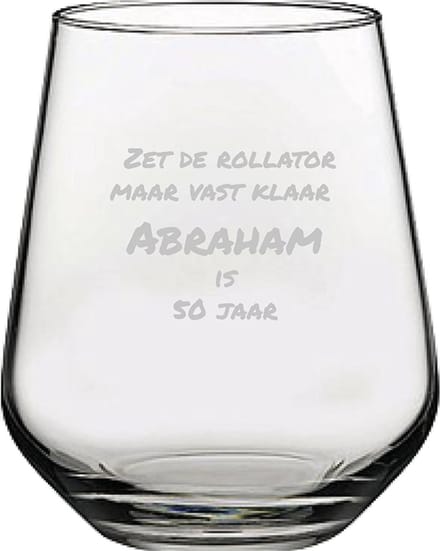 Gegraveerde Drinkglas 42,5cl Zet de rollator maar vast klaar abraham is 50 jaar
