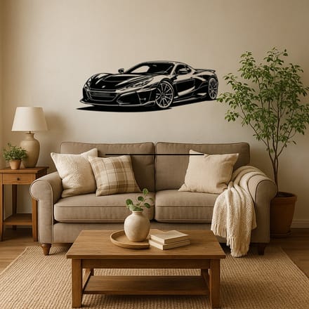 BR2Laser Rimac Nevera – Wanddecoratie – Lasergesneden Hout – Autokunst – 55 cm Breed