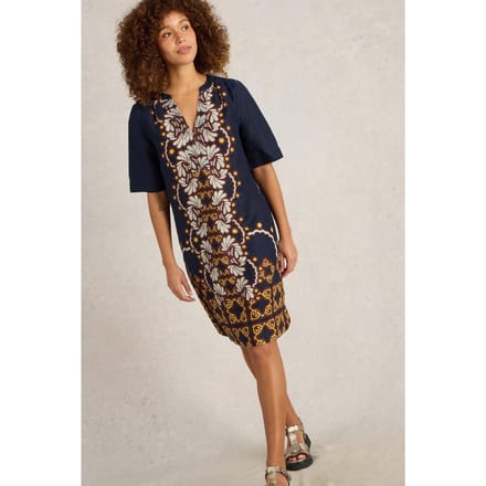 White Stuff June Linen Dress Navy Multi Größe: 8 REGULAR | Midikleider Outlet | Damen | Weiß