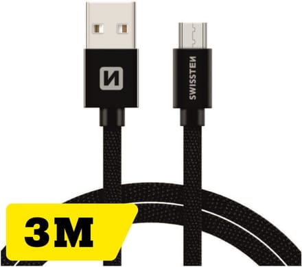 Swissten Lange Micro‑USB Oplaadkabel 3 meter – voor Samsung, Android, Powerbank & PS4 Controller – USB‑A Kabel – Zwart