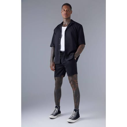 Korte Mouwen Regular Fit Drop Revere Satijnen Overhemd en Short Set | Black | Size Medium