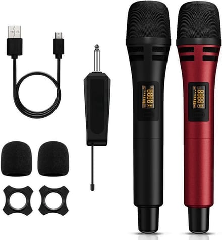 Thuys – UHF Dual Karaoke Microfoon Systeem – Draadloze Microfoons – Met Oplaadbare Ontvanger – Zwart & Rood