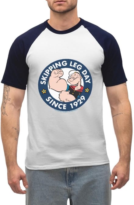 Popeye Skipping Leg Day Since 1929 Heren Baseball Shirt Korte Mouw