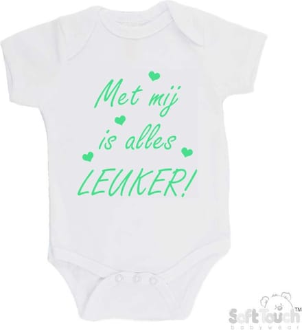 100% katoenen Romper "Met mij is alles LEUKER!" Unisex Katoen Wit/mint Maat 56/62