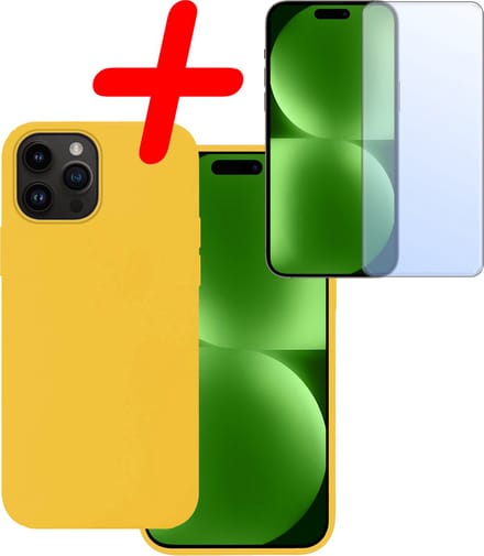 Hoesje Met Screenprotector - Geschikt voor Apple iPhone 15 Pro Max - Sterk & Shockproof - Back Cover - Siliconen Case - Telefoon Hoes - Geel