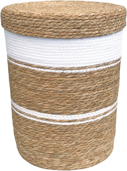 Lavandoux - Wasmand met Deksel - Zeegras - Naturel/Wit - S: Ø30 x H40 cm