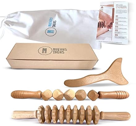 Houttherapieset voor Celulitis en Spierontspanning - 2 Massagerollen en Vormplank