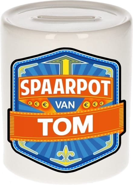 Bellatio Decorations Kinder spaarpot met naam - Tom - keramiek - met dop - wit - Sparen - Spaargeld van Tom