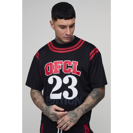 Tall Oversized Boxy Mesh OFCL 23 Printed T-Shirt | Black | Size Medium