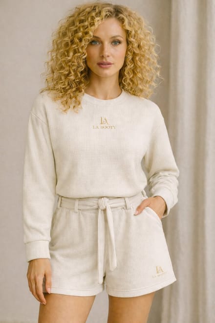 La Booty- Dames Luxe Ecru Huispak- Ondoorschijnend- Quilted- Jogging set- Trainingspak- Premium SoftTouch katoen- maat L