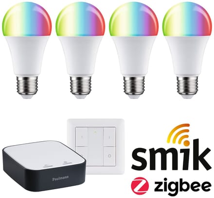 Paulmann Zigbee 3.0 Smart Home Startset Smik Gateway + Wandschakelaar + 4x LED Gloeilamp E27 RGBW - 2200K-6500K - 1055lm - Dimbaar