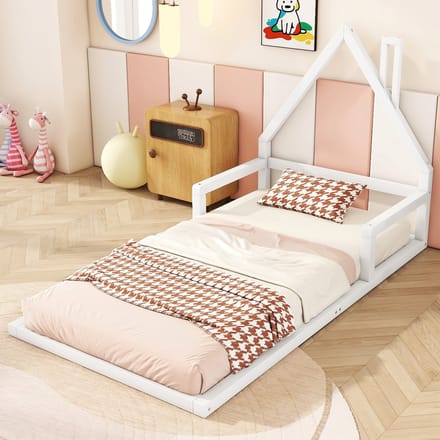 Sweiko Kinderbed 90*200cm, Flatbed, Huisvorm, Dennenmassief, Eenvoudige vorm, Wit