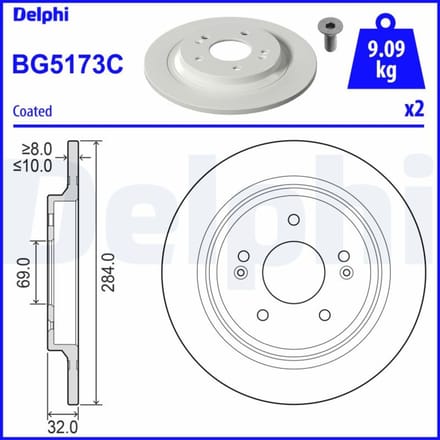 Remschijf DELPHI BG5173C achter, volledig, 1 Stuk