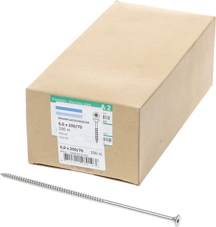 Hoenderdaal Spaanplaatschroef RVS platverzonken kop TX25 deeldraad 6.0X200/70 (per 100 stuks)