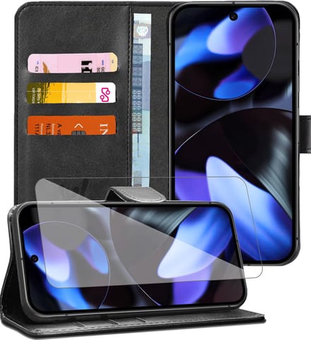Hoesje geschikt voor Google Pixel 9 / 9 Pro / 10 / 10 Pro - Screenprotector Glas - Portemonnee Book Case Zwart