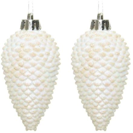 Decoris Kersthangers dennenappels - 12x - wit parelmoer -glitter - 8 cm - kunststof - kerstversiering