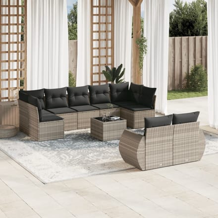 vidaXL - 10-delige - Loungeset - met - kussens - poly - rattan - lichtgrijs