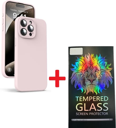Solid hoesje Soft Touch Liquid Silicone + 1X Screenprotector Tempered Glass [Camera all-round bescherming] - Geschikt voor: iPhone 15 Pro Max - Lichtroze