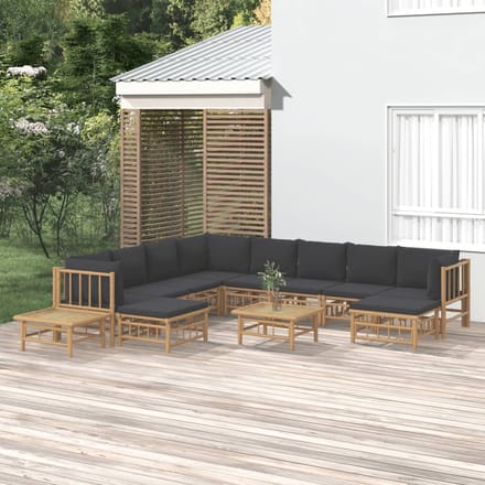 vidaXL - 12-delige - Loungeset - met - kussens - bamboe - donkergrijs