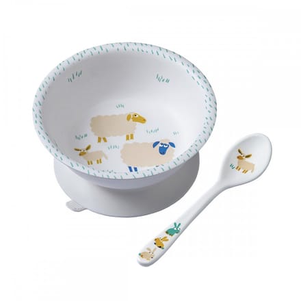 Bowl met zuignap en lepeltje Boerderij in kado doosje