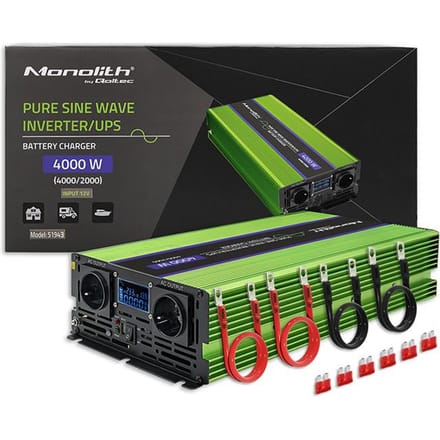Qoltec Monolith 51943 - DC-AC omvormer/lader/UPS - 12 V naar 230 V - 2000 W - Pure Sine