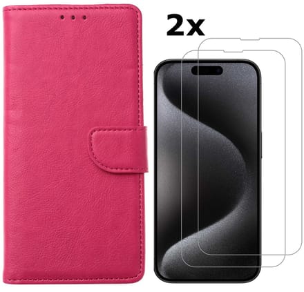 Hoesje Geschikt voor iPhone 15 Pro Max hoesje bookcase met 2x screenprotector – Roze