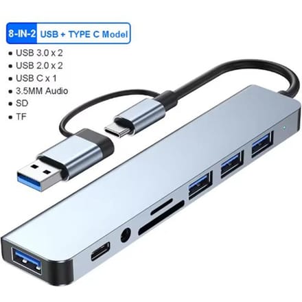 8 in 2 USB C HUB USB 3.0 Type C Dockingstation 5Gbps Hoge Snelheid Transmissie USB Splitter Type C naar USB OTG Adapter 8 in 2 gray