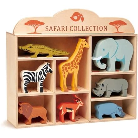 TENDER LEAF Houten Dieren - Set Safaridieren - 8 Verschillende Figuren - Met Display Plank - 3 Jaar