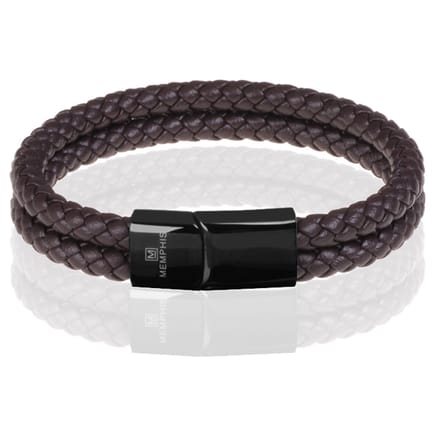 Memphis dubbele leren armband Donkerbruin Zwart-19cm