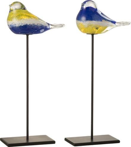 J-Line figuur Vogel Op Voet - glas/metaal - blauw/geel - large - 2 stuks