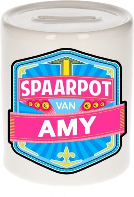 Bellatio Decorations Kinder spaarpot met naam - Amy - keramiek - met dop - wit - Sparen - Spaargeld van Amy