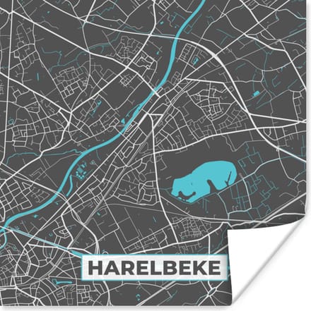 Poster Plattegrond – Harelbeke – Blauw – Stadskaart - Kaart - 75x75 cm