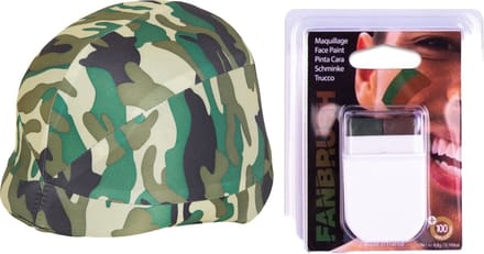 Carnaval verkleed soldaten/leger set - camouflage print helm - make-up stick - bruin/groen