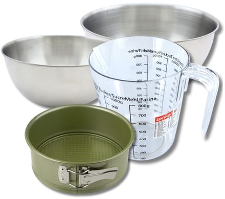 Bakkersset met 20 cm springvorm met carnaubawaslaag, 2 mengkommen, maatbeker en spatel Zenker