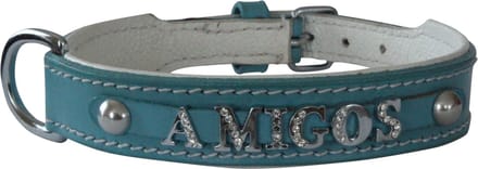 Hondenhalsband met naam van de hond - leder - lichtblauw - maat 65 cm