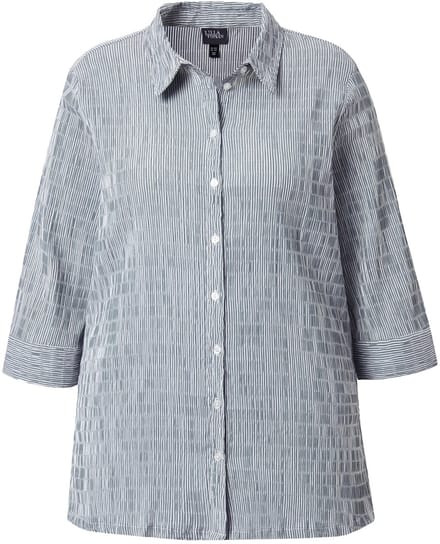 Ulla Popken - Dames - Overhemdblouse strepen bubble-structuur 3/4-mouwen - Olijfgrijs - Maat 46+