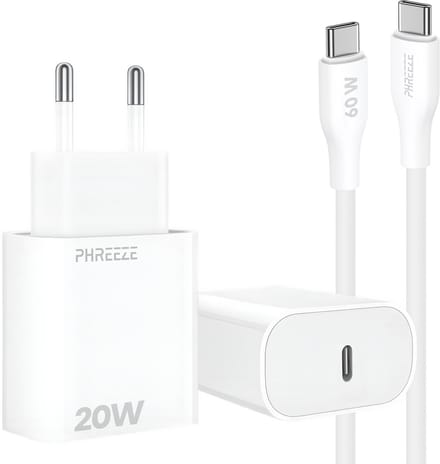 Phreeze 20w usb C adapter set - Oplader met usb C naar usb C kabel 1 meter - Wit