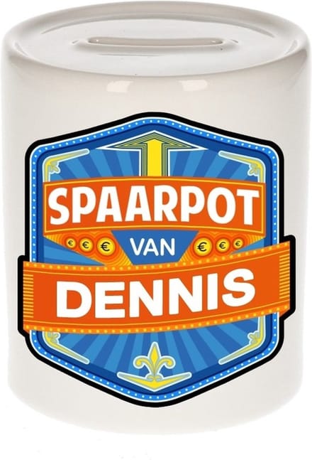 Bellatio Decorations Kinder spaarpot met naam - Dennis - keramiek - met dop - wit - Sparen - Spaargeld van Dennis