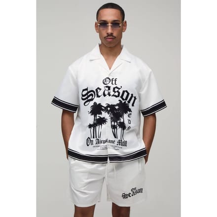Oversized Shirt Met Korte Mouw En Short Set Met Off Season Print In Satijn | White | Size Medium