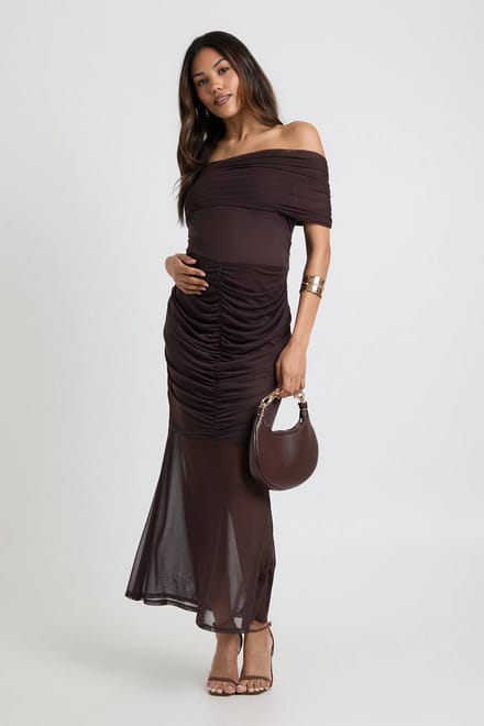 boohoo Dames Zwangerschaps Geplooid Bardot Mesh Zoom Midaxi | Chocolate | Maat: 14