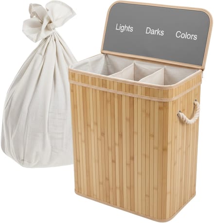 Wasmand 3 vakken - 105 l - opvouwbaar - bamboe